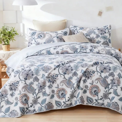 All cotton three-piece quilted bed cover set with plant and flower pattern 230x250cm American style