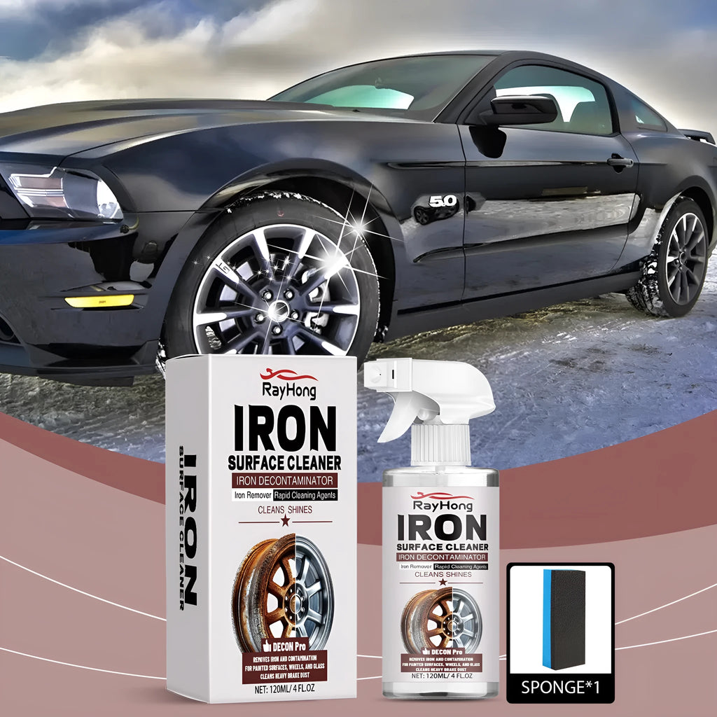 Car wheel hub rust removing cleanser 120ml bottle with sponge mop on a white background