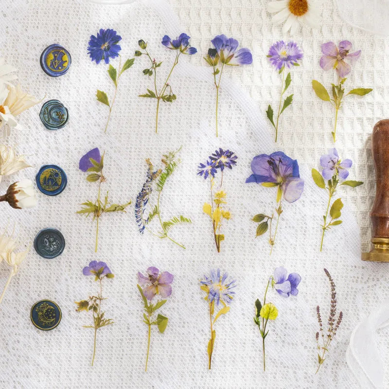 Set of dried flowers artistic stickers for journal decoration showing eight colour designs on 70mm PET sheets
