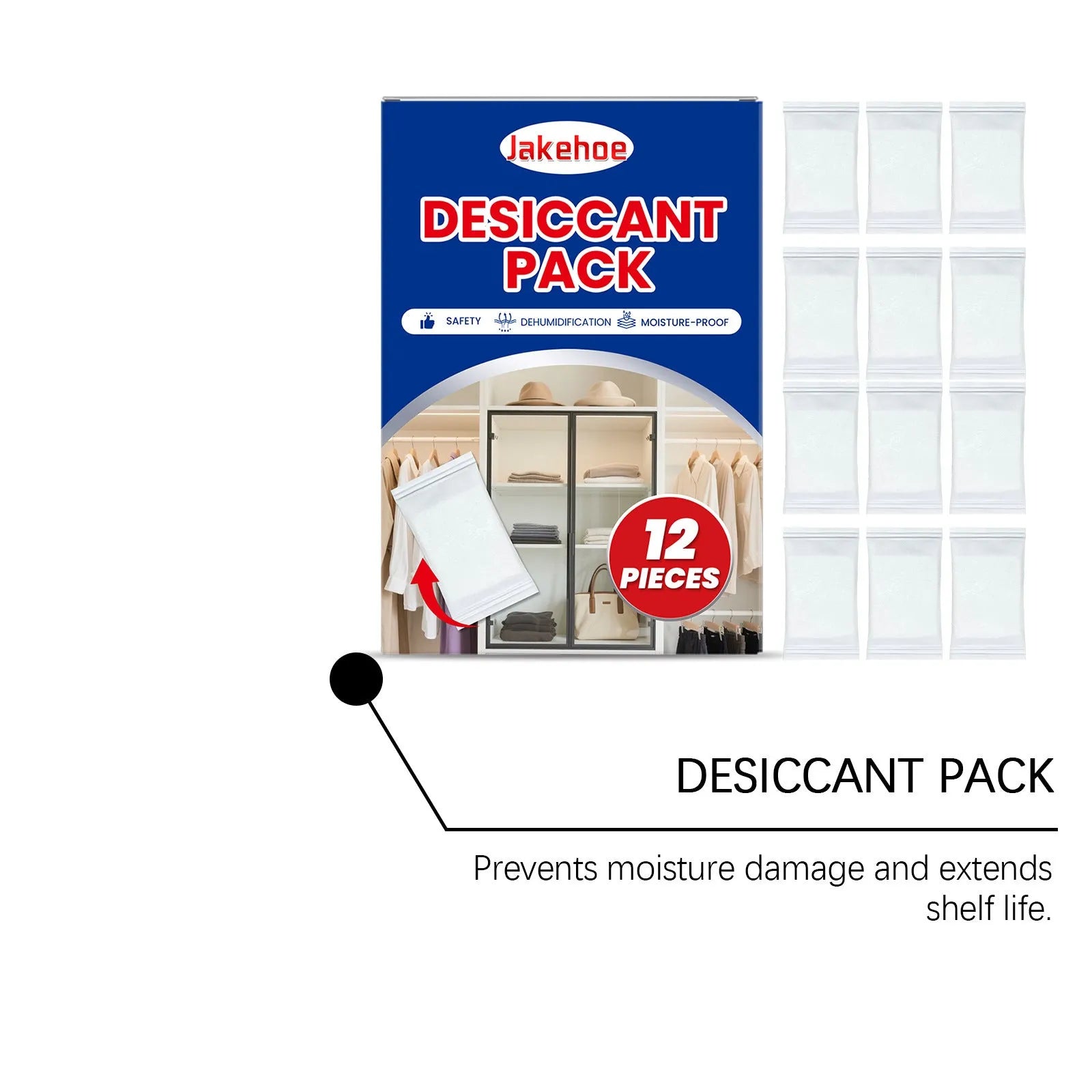 12 white anti-odor space desiccant packets with wood pulp casing for household moisture absorption.