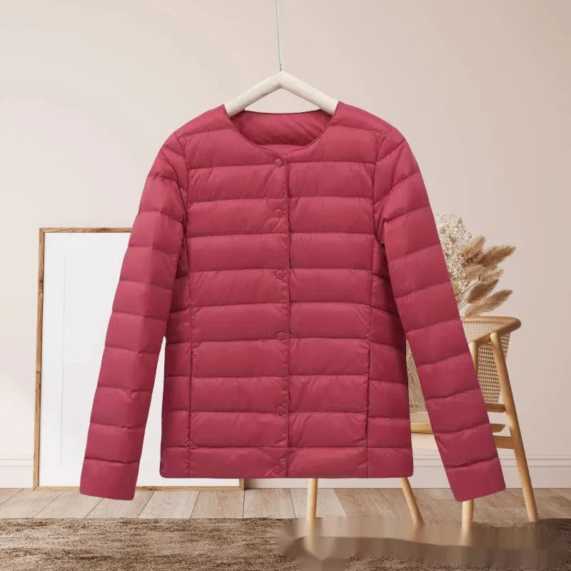 Short autumn winter lightweight cotton-padded jacket for women in beige loose fit long sleeve polyester