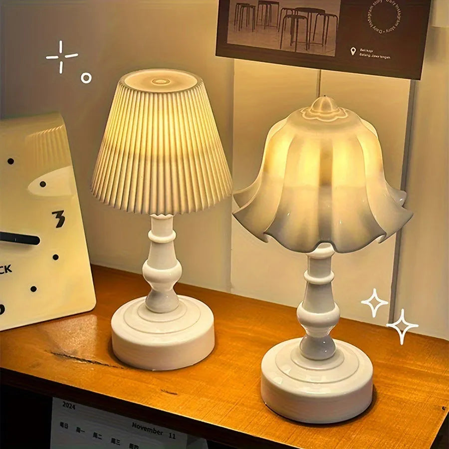 Battery-powered decorative table lamp with LED light, white pleated shade