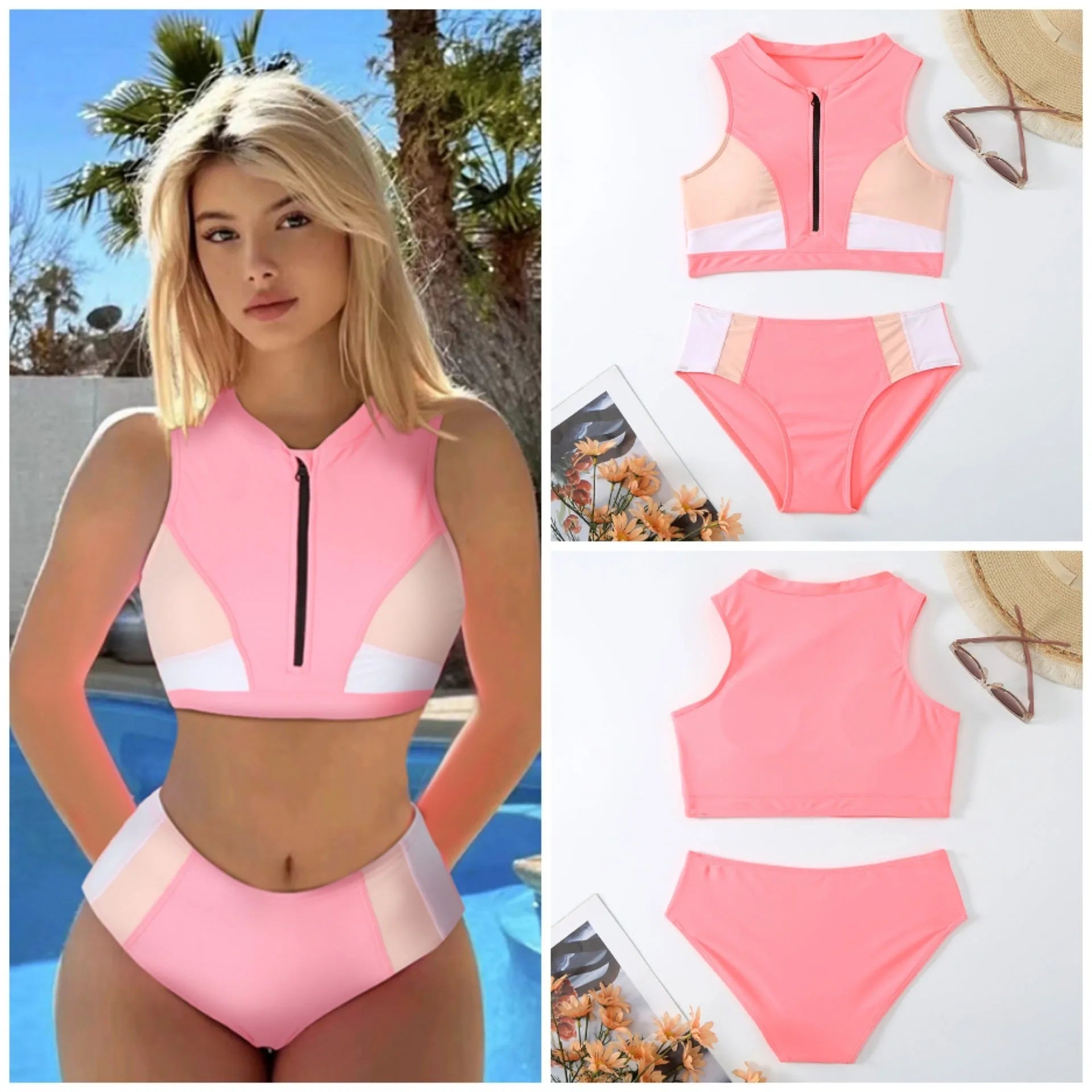 Pink high waist split leg bikini swimsuit with bra and shorts set