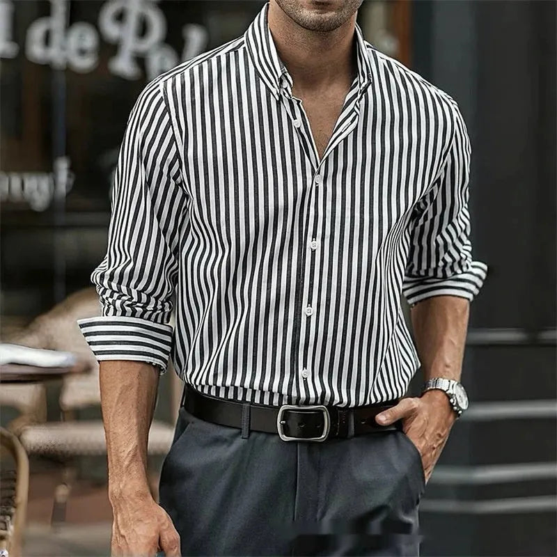 Men's casual striped button shirt in loose fit with long sleeves