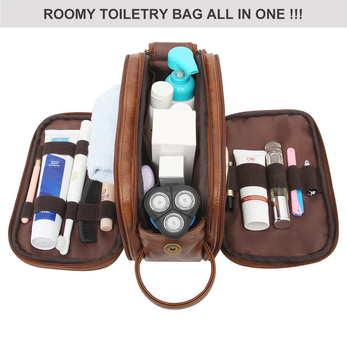 Men's black and brown Pu leather toiletry bags with zip closure for travel storage