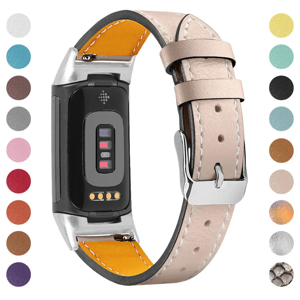 Genuine cowhide leather replacement strap for Fitbit Charge 5 and Charge 6 smartwatches in various colours.