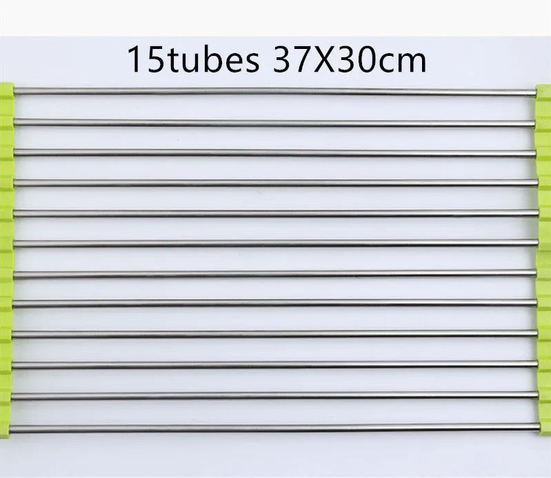 Stainless steel folding kitchen sink drain rack shown in a choice of colours
