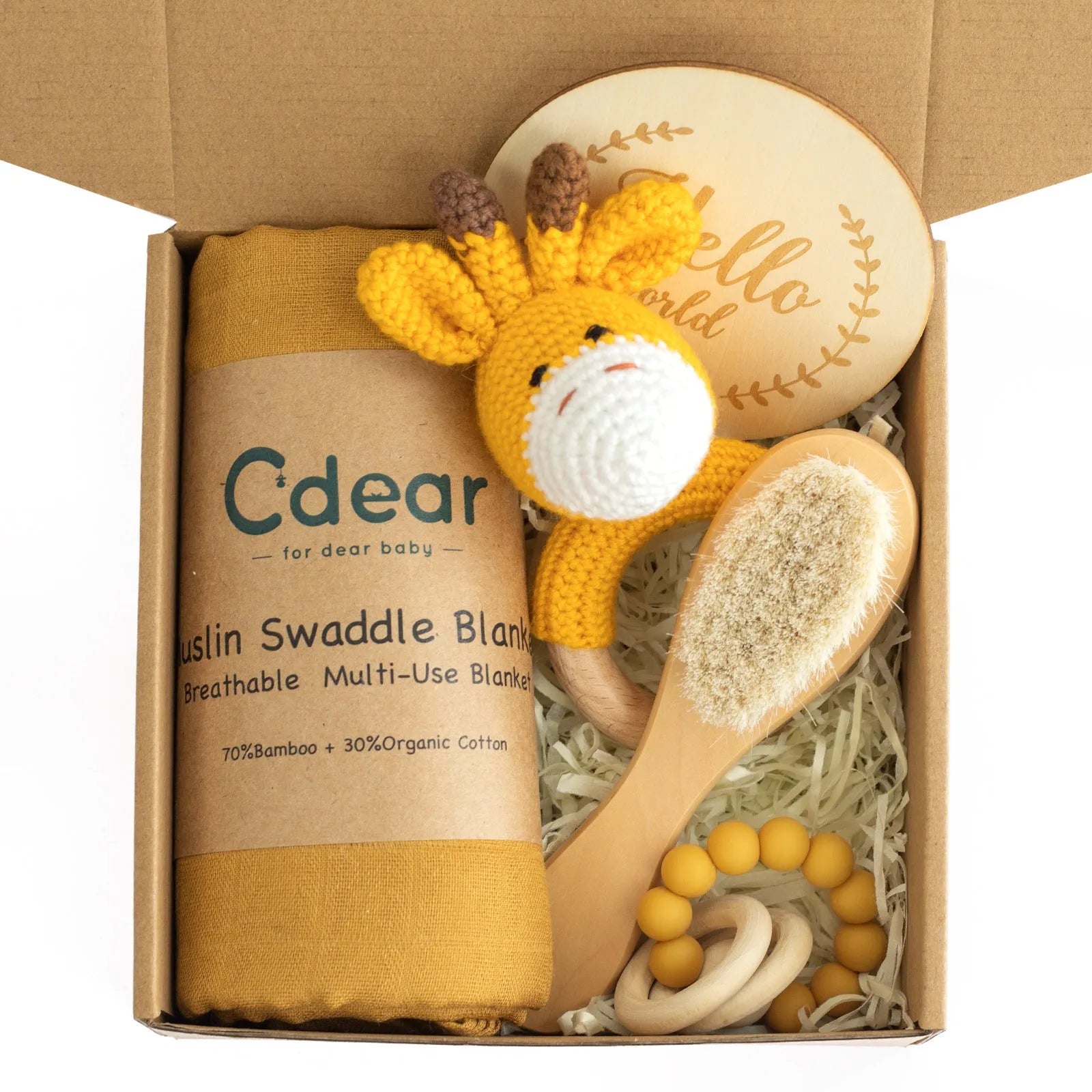 Baby teething toy gift set with bamboo cotton blanket and natural beech wood components
