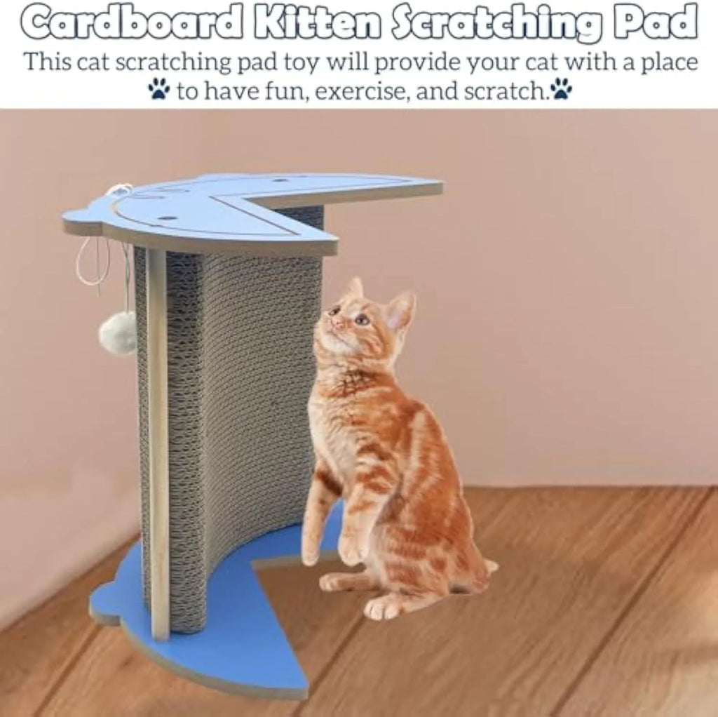 Cat corner scratcher cardboard with hanging ball, placed in a corner, vertical design for kitty scratching and play.