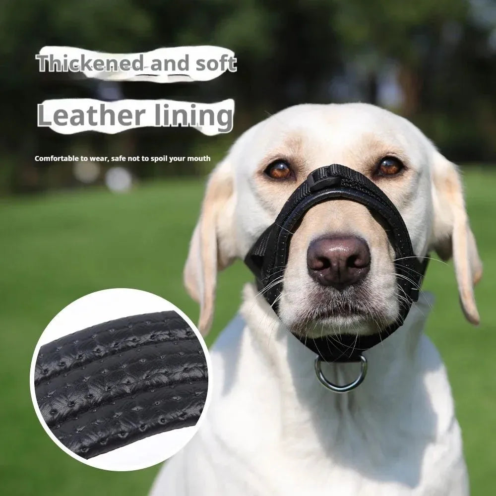 Adjustable soft foam dog muzzle with straps in black, side view, for anti-bite and anti-barking control in multiple sizes