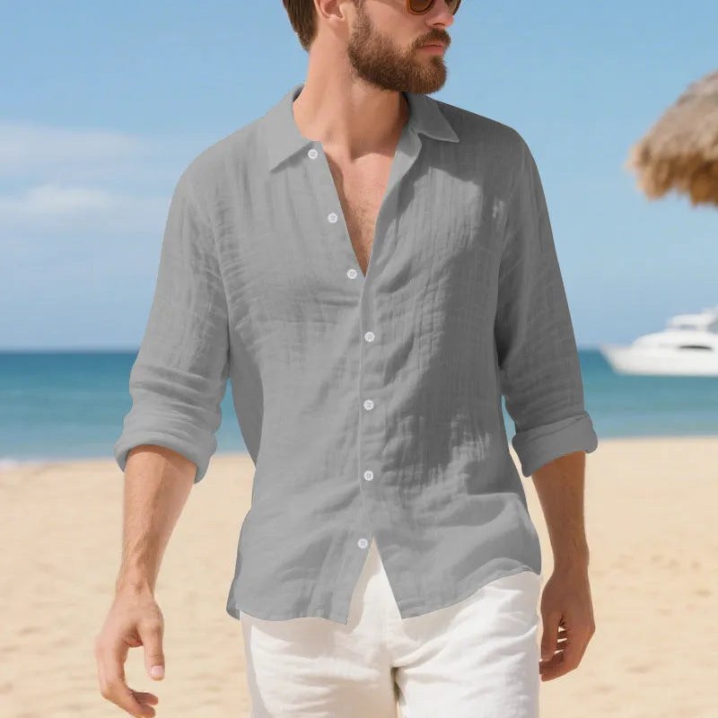 Men's loose fit linen casual shirt in light blue colour, showing non-ironing style.