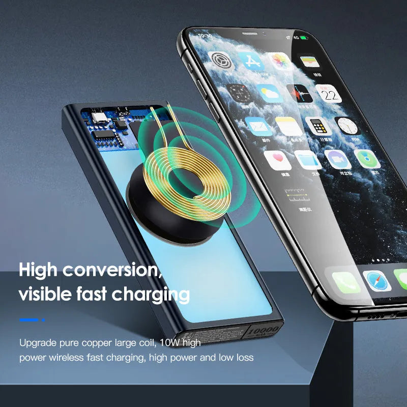 Black and blue 10000mAh power bank with wireless charging and built-in plug