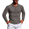 Man wearing a striped loose-fit short sleeve shirt in a high elastic knit fabric, showing the stretch and casual style.