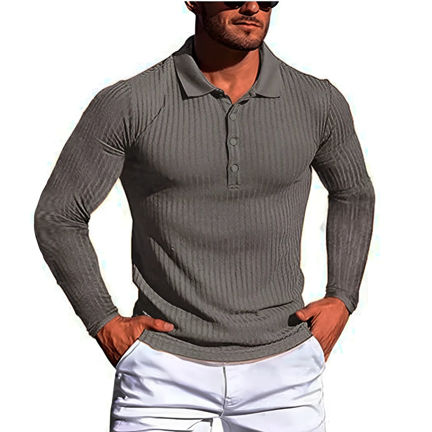 Man wearing a striped loose-fit short sleeve shirt in a high elastic knit fabric, showing the stretch and casual style.