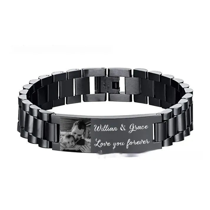 Men's titanium steel lettering bracelet with curved heart shape in black or grey options