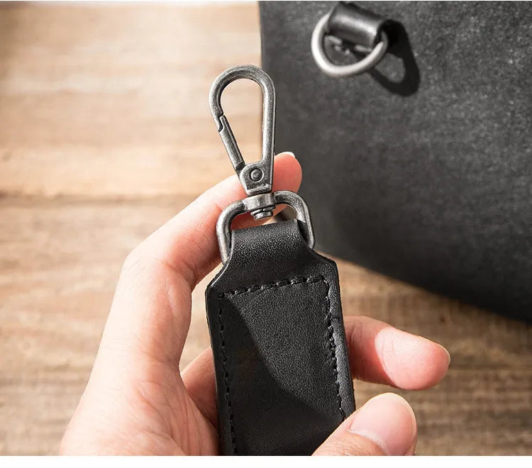 Black cowhide leather shoulder bag 8 inch with zipper closure and multiple pockets