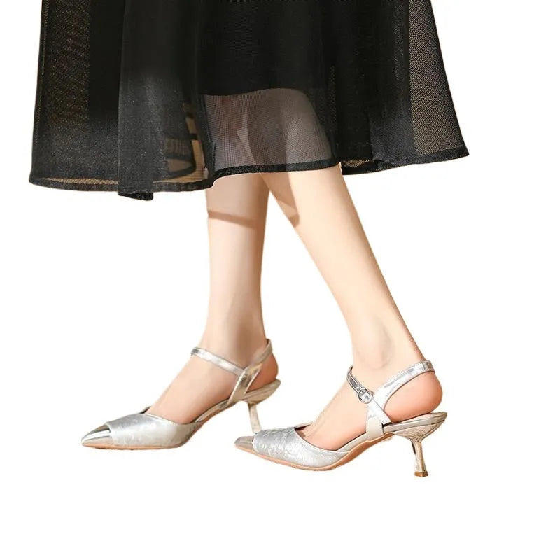 Women's genuine leather high-heeled sandal with pointed toe and 6cm heel in four colour options