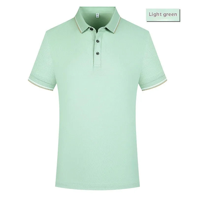 men's casual polo shirt in white with lapel collar and short sleeves, pearl cotton fabric