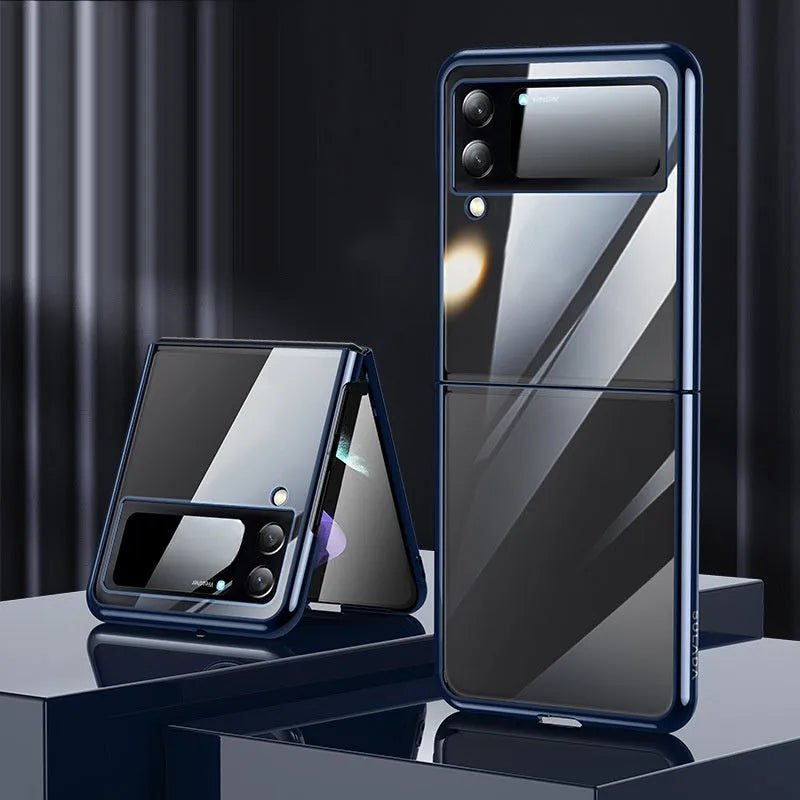 Hard PC transparent electroplating back cover phone case for Samsung Z Flip 3 5G, Z Flip 4, and W23 Flip in black, blue, and silver