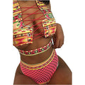 Women's multicolour checkered bikini set with cross-strap bra and high-waist fishnet briefs on a neutral background.