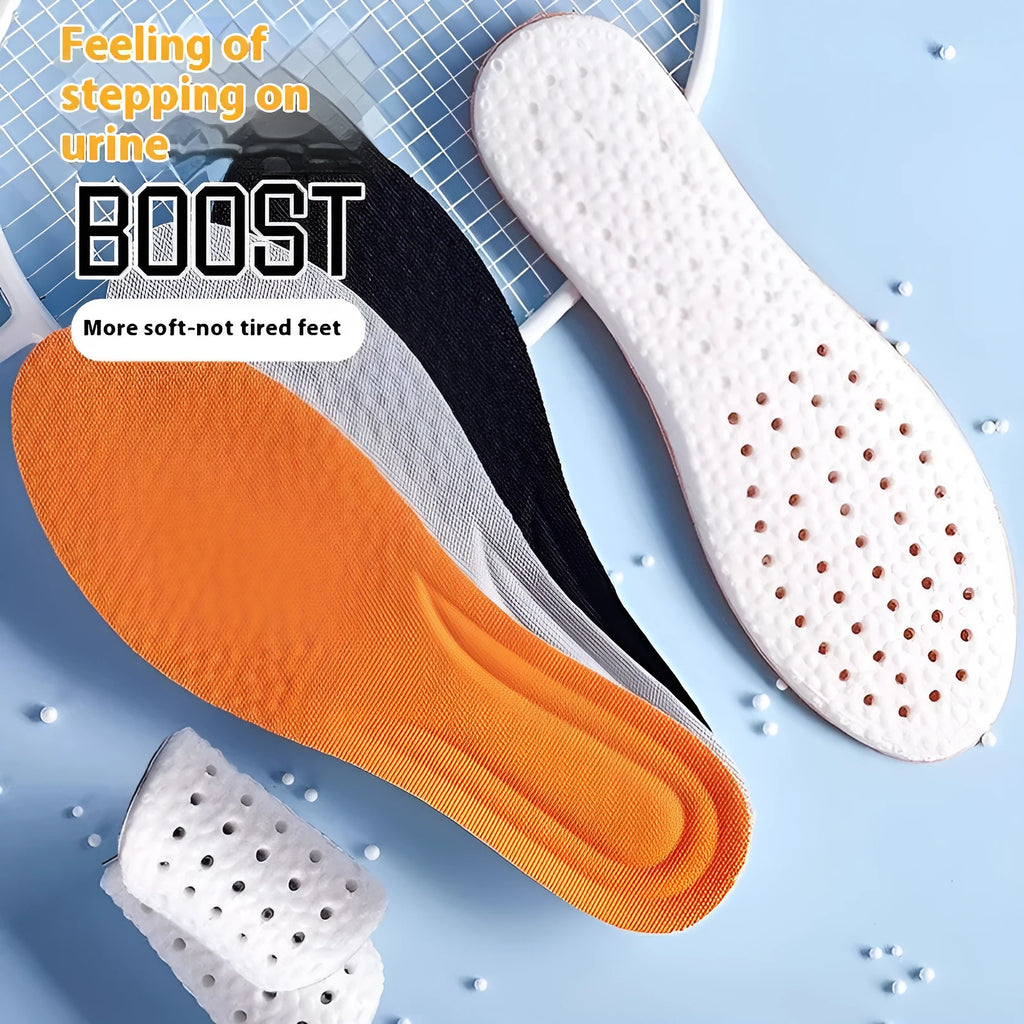 Breathable deodorant sports insoles in grey, black, and orange colours on a white background.