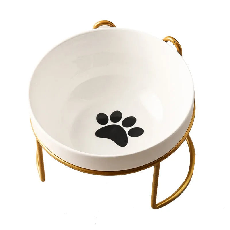 White ceramic cat bowl with decorative iron frame in cat ear design