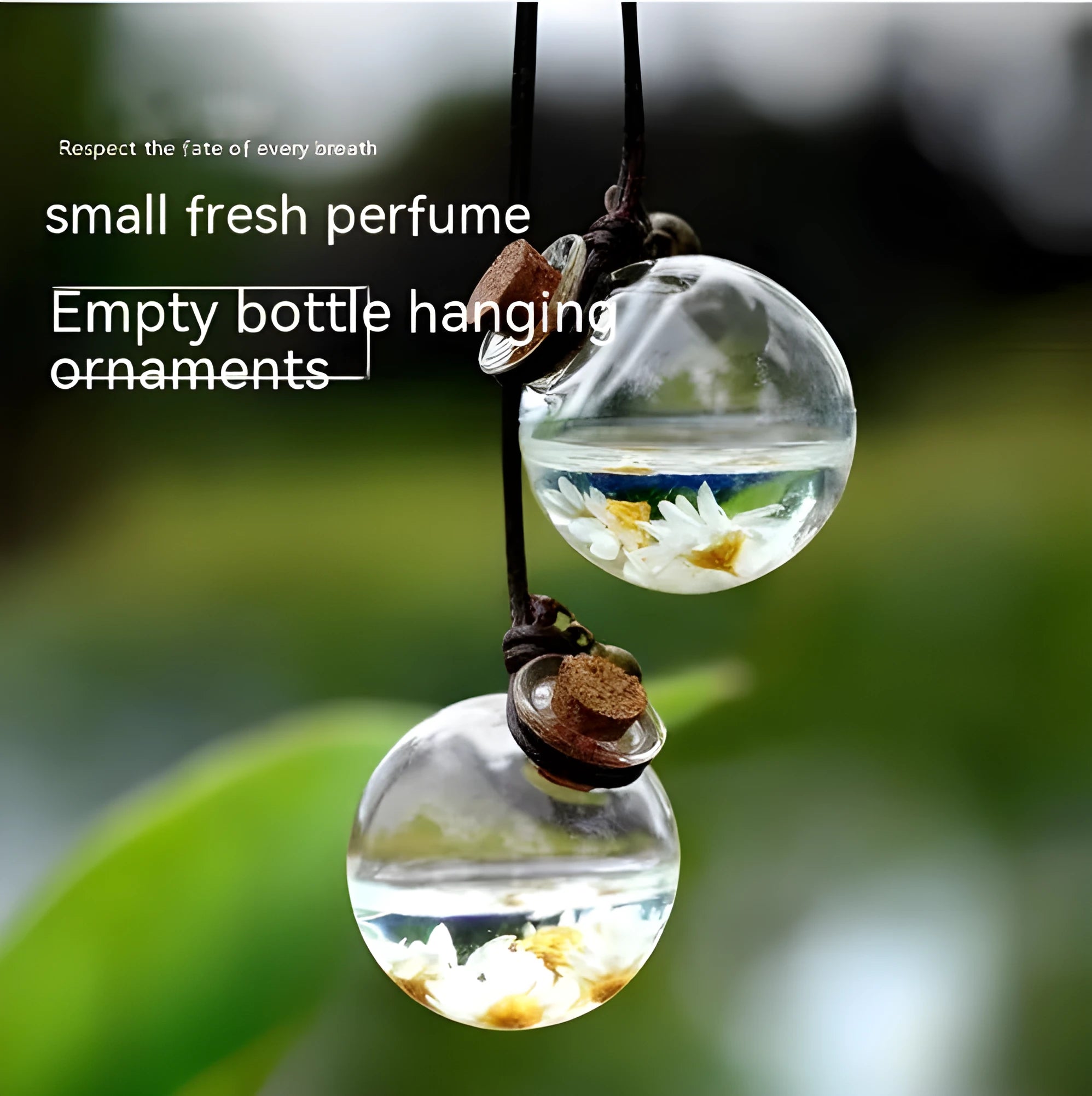 Glass car perfume pendant with preserved flower decoration hanging in car interior