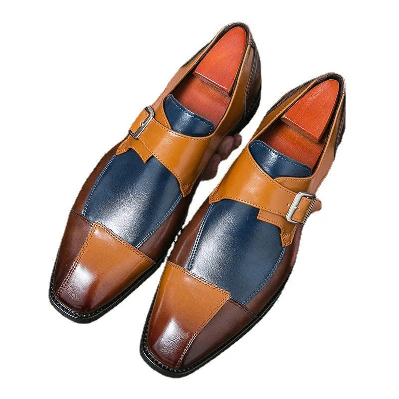 Men's brown blue and black retro buckle leather shoes with tall crown microfiber upper