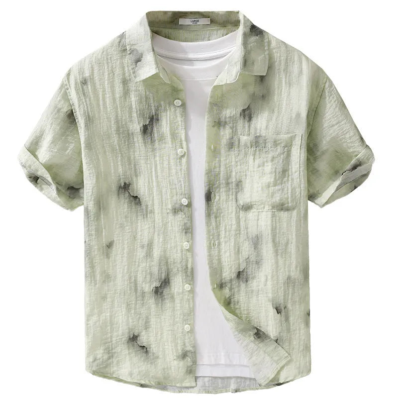 Linen blend printed short sleeve cardigan shirt in light green with floral pattern, loose straight cut summer top