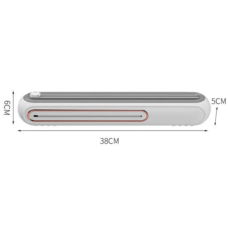 White and blue magnetic cling film cutter hanging on a fridge with a film roll