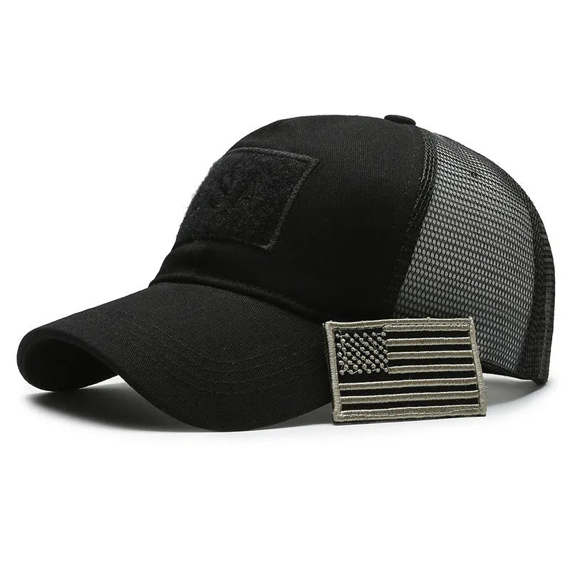 Adjustable Velcro tactical camouflage baseball cap with machine embroidery on cotton dome crown