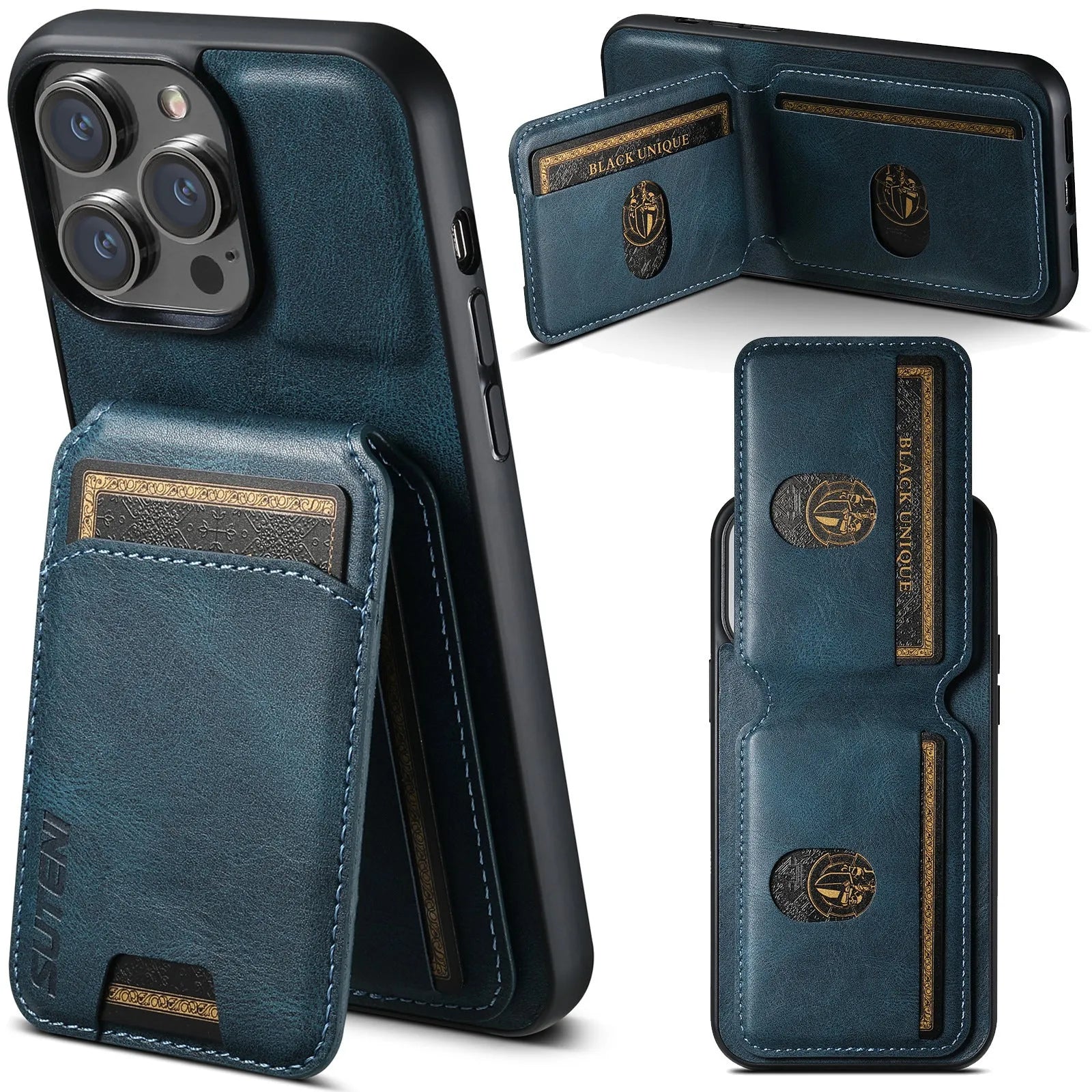 H02 Black PU leather card phone case with kickstand for iPhone, handmade TPU bumper wallet case