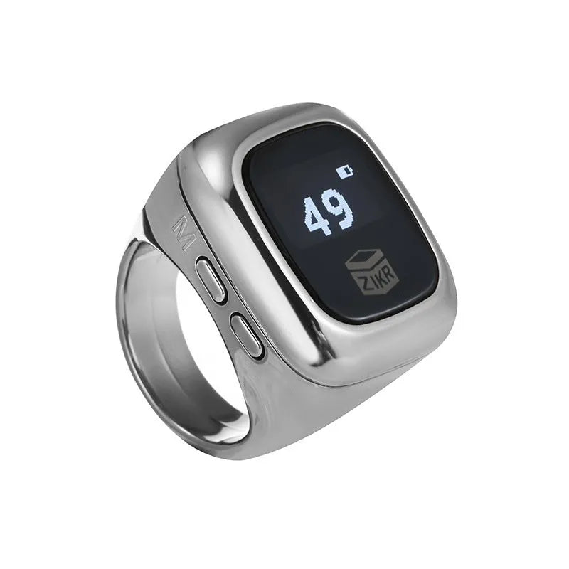 Al-Fatiha electronic zikr counter with digital display on a wrist, shown in various colours.