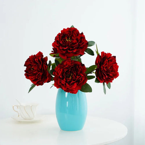 40cm artificial silk peony 5-head bouquet in light champagne colour on white background
