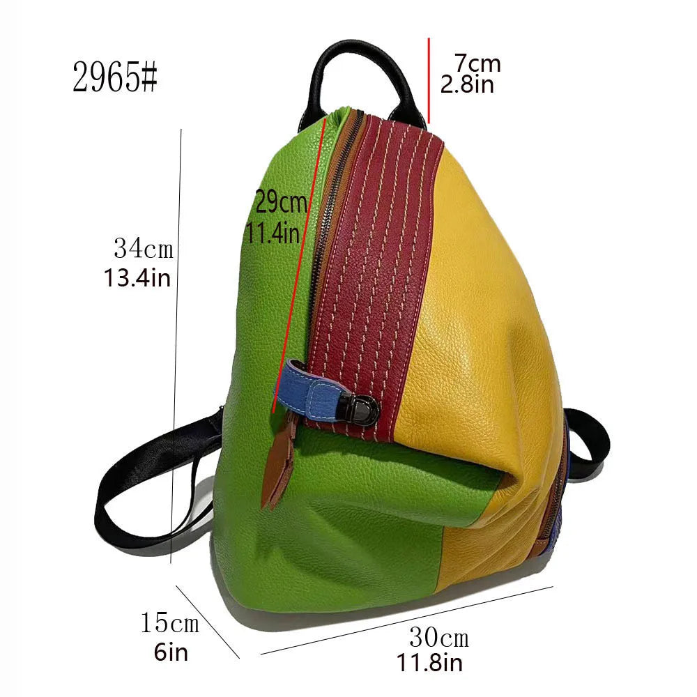 European and American style women's genuine leather backpack with anti-theft lock, colour contrast stitching, and three-dimensional pocket