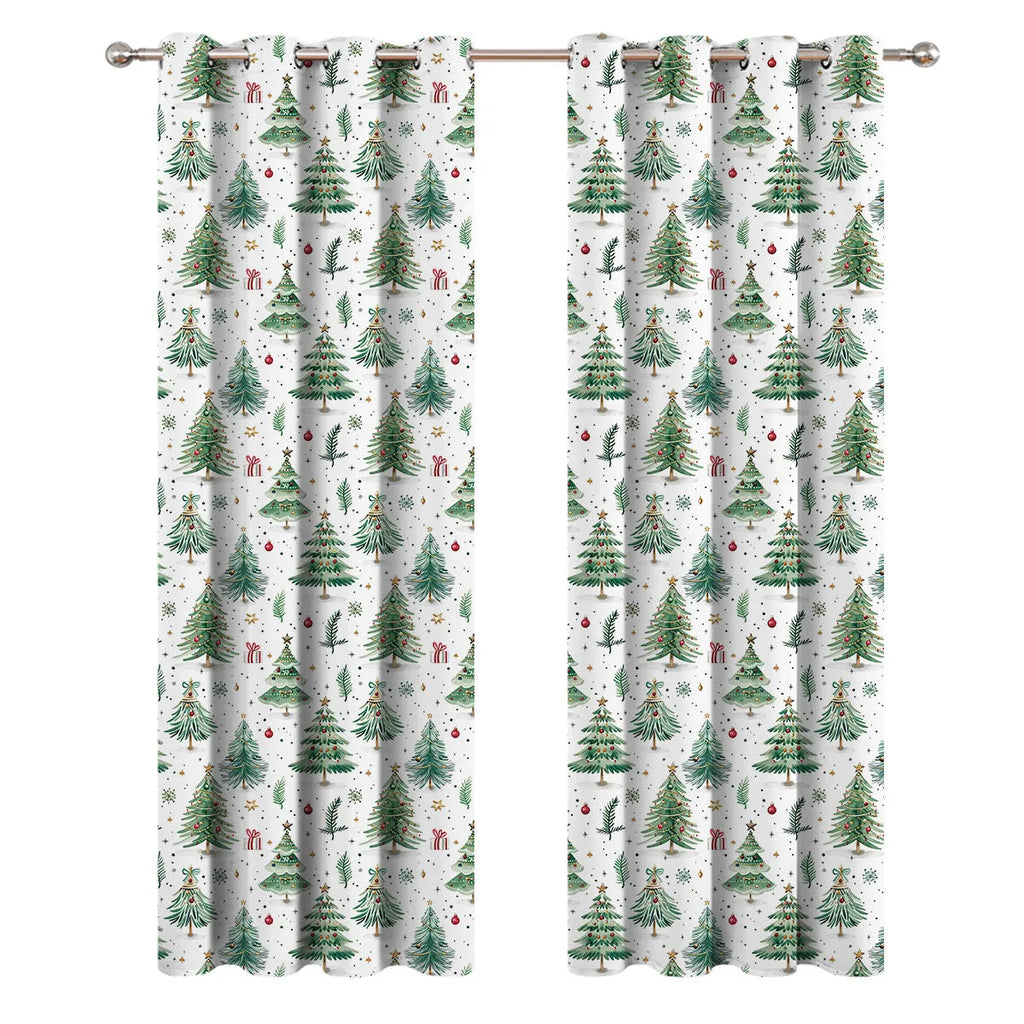 Green Christmas Forest patterned punching design polyester shade curtain hung on a window