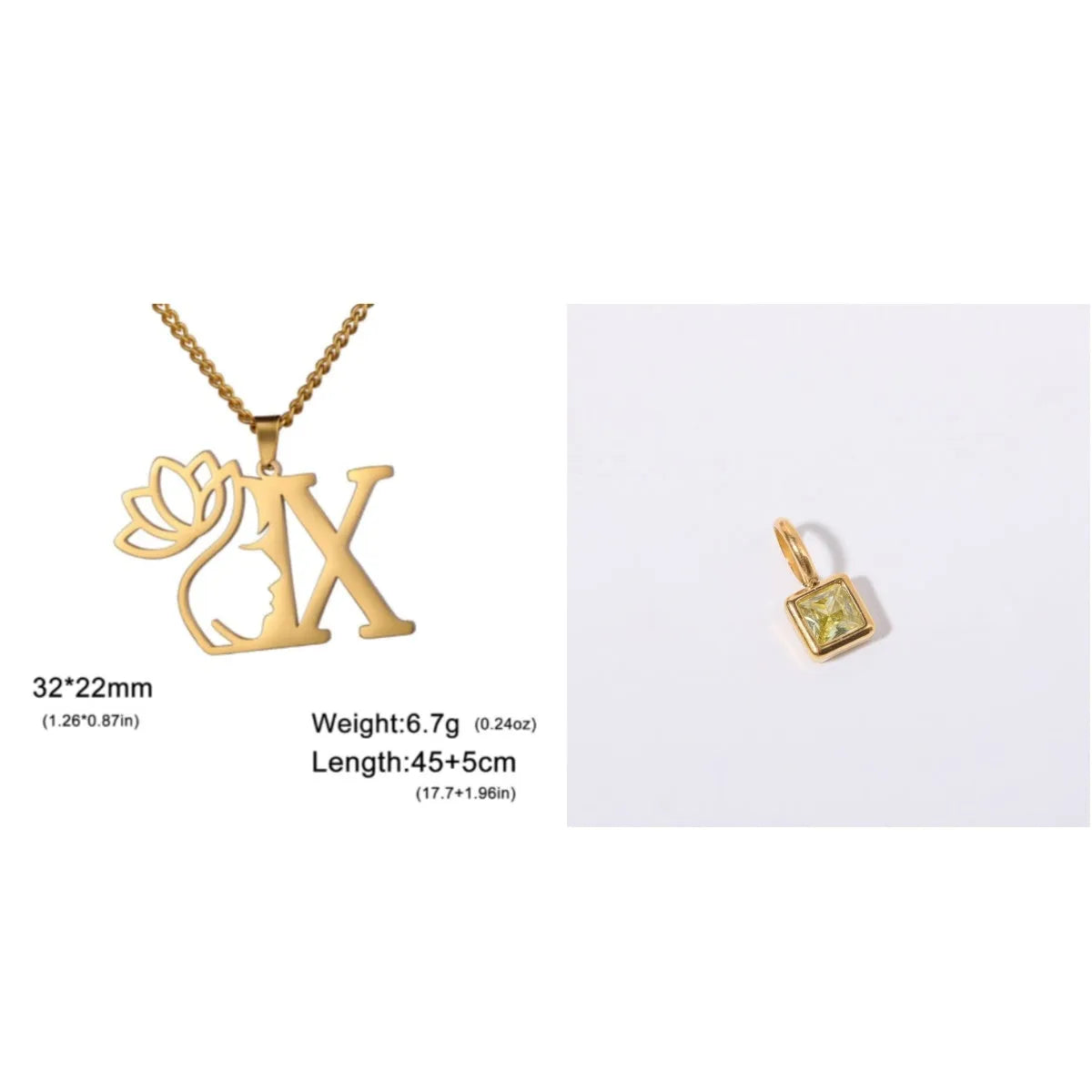 Stainless steel necklace with cross chain and a single initial pendant in a gold or silver finish.