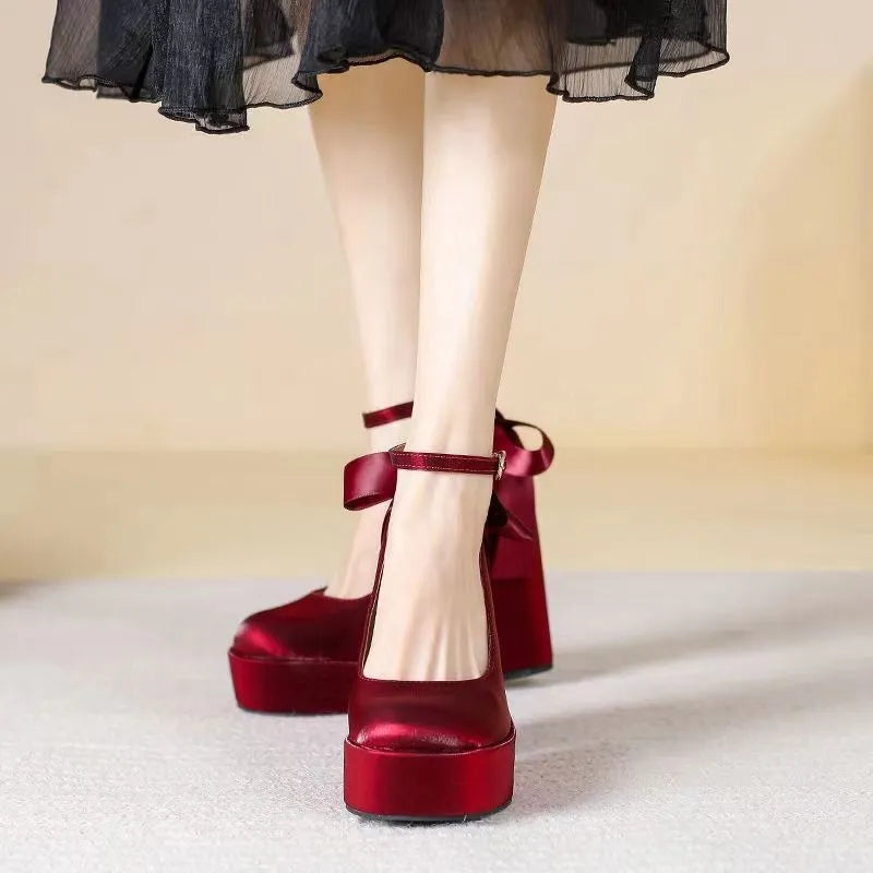 Women's wine red platform wedding shoes with chunky heel and decorative buckle detail