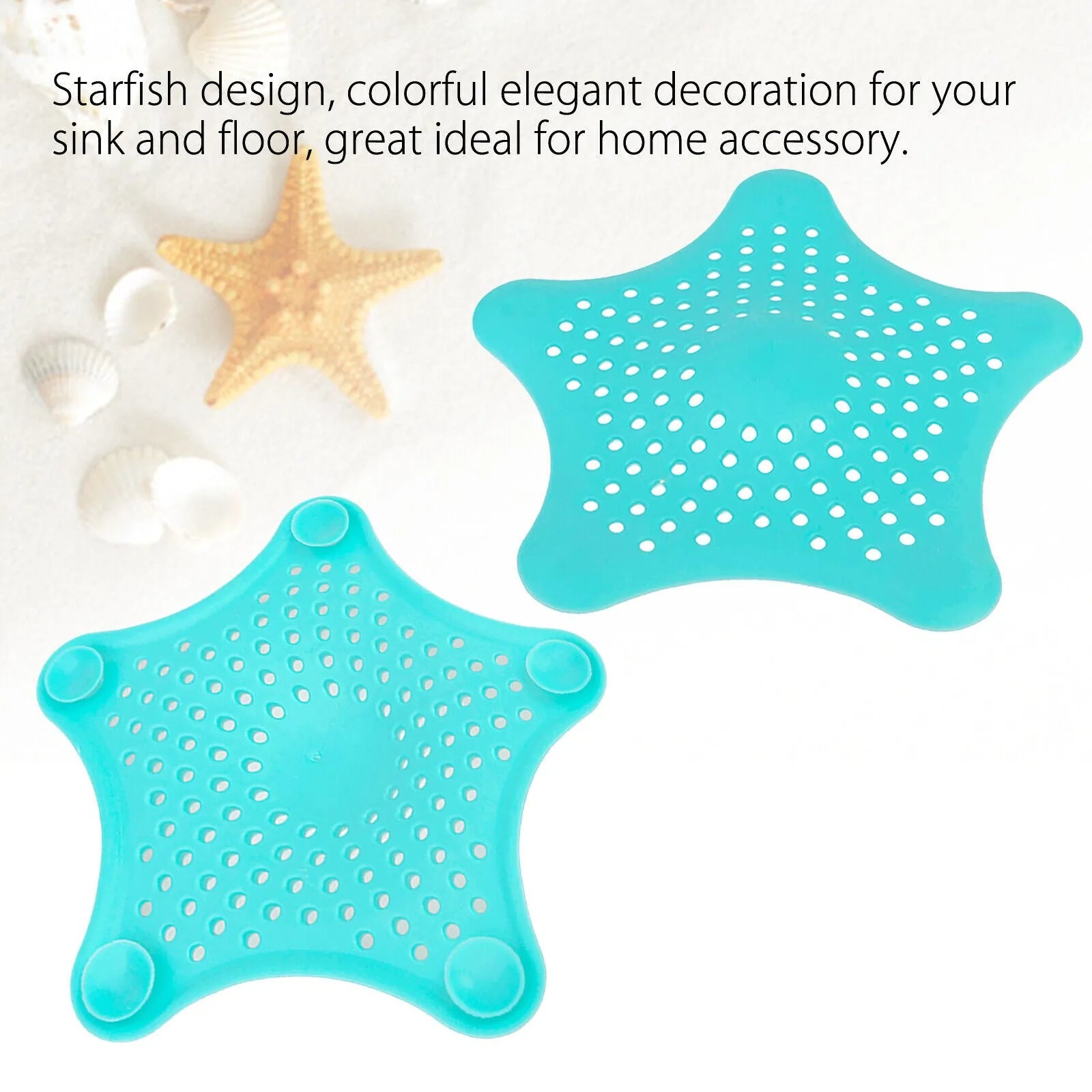 Three starfish-shaped TPR sink drain filters in blue, green, and white on a bathroom sink
