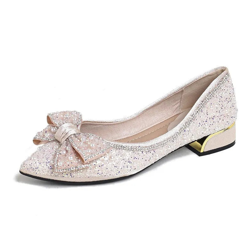Apricot satin rhinestone bow flat shoes with chunky low heel