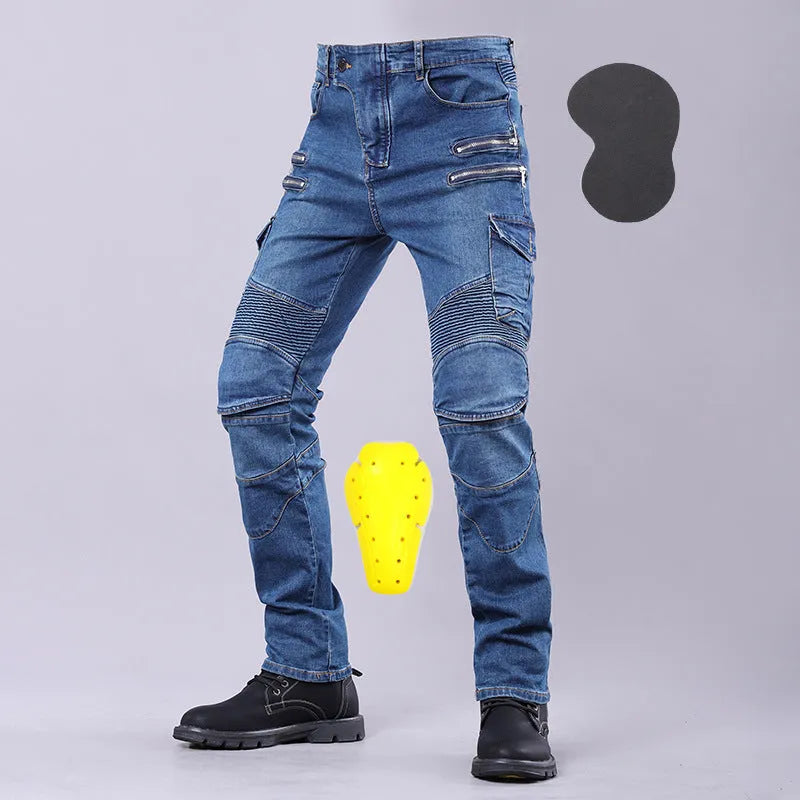 Cotton blend motorcycle riding jeans in black with protective gear for men and women