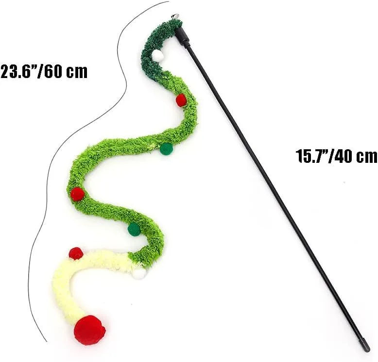 Blue green and pink plush strip cat teaser wand with bell on a 41cm pole