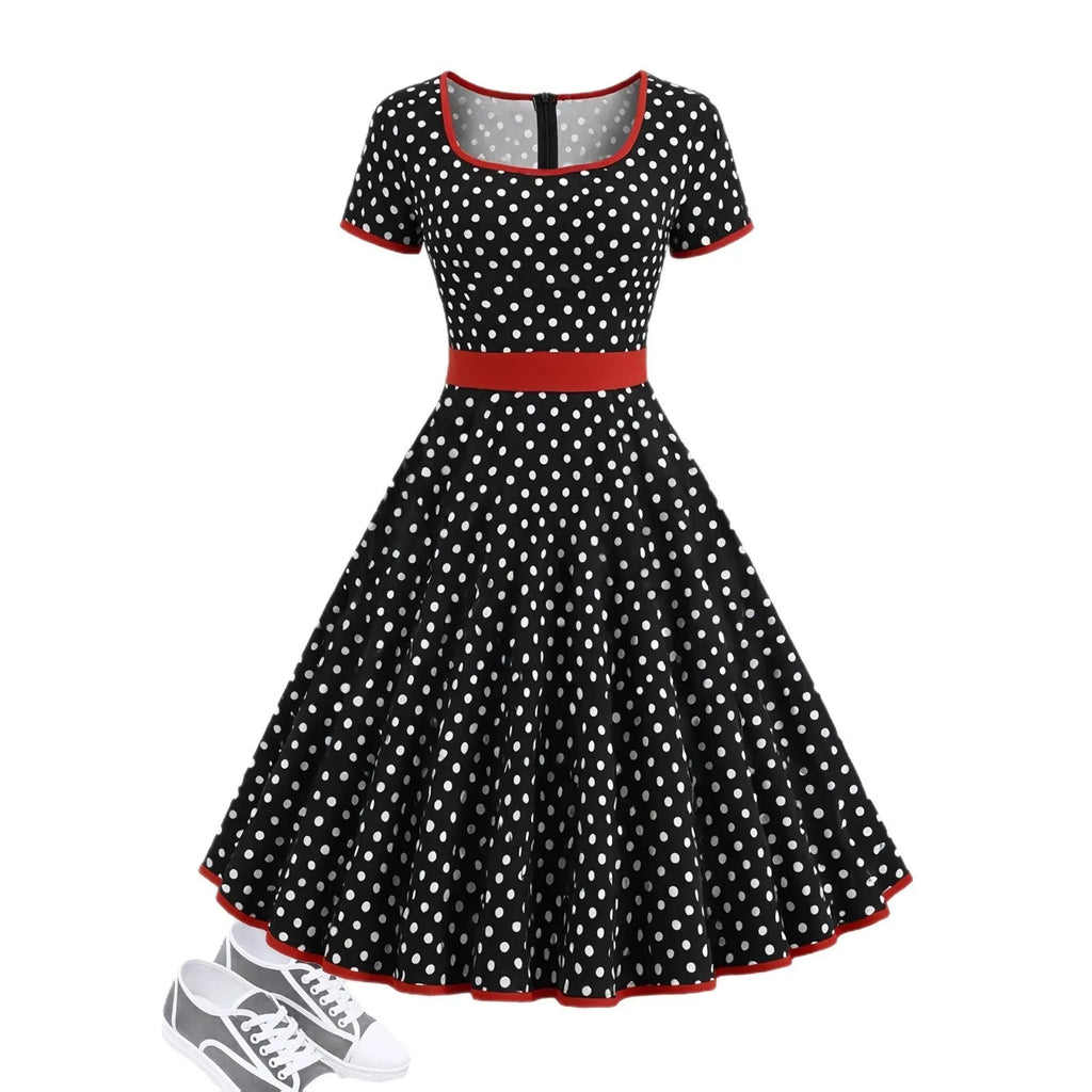Multicolour polka dot pleated dress with square collar and front zipper