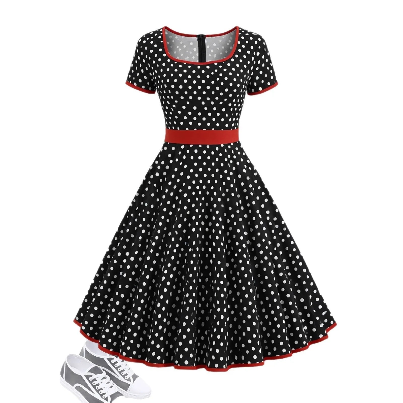 Multicolour polka dot pleated dress with square collar and front zipper