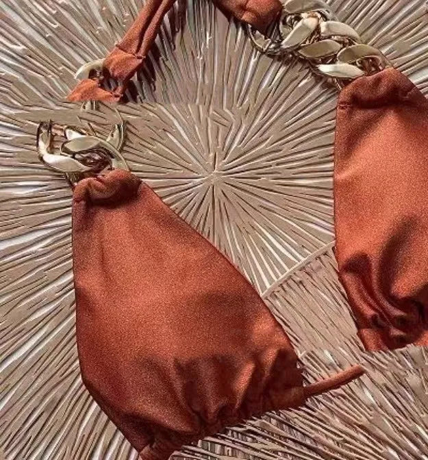 Brown tube-top push-up bikini swimsuit with ring detailing and split hem.
