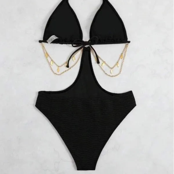 Women's black bikini swimsuit with chain detailing on polyester fabric