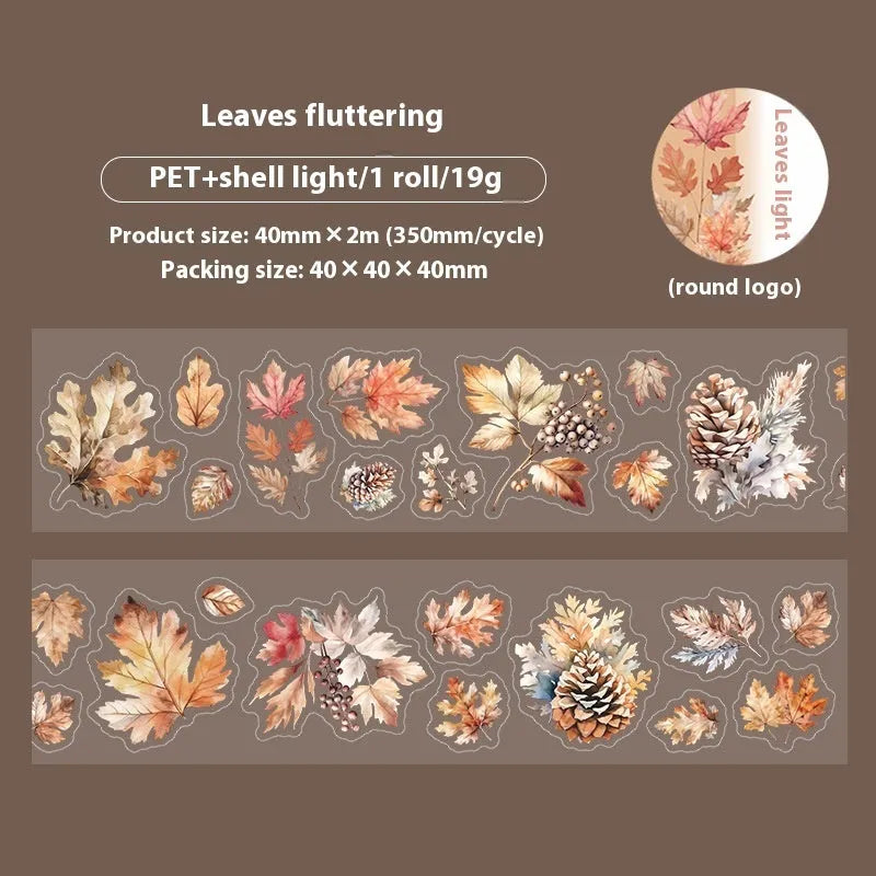 Deciduous Poetry Series PET decorative sticker roll showing autumn leaf patterns in six colours, 40mm wide.