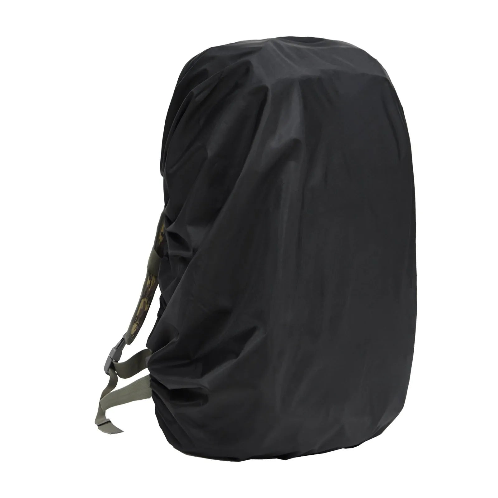 Army green waterproof backpack rain cover fitted over an 80L hiking rucksack.