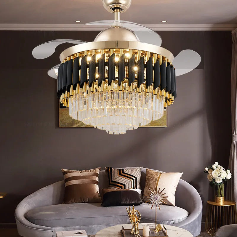 Crystal chandelier style ceiling fan with LED lights and wooden fan blades mounted on a white ceiling.