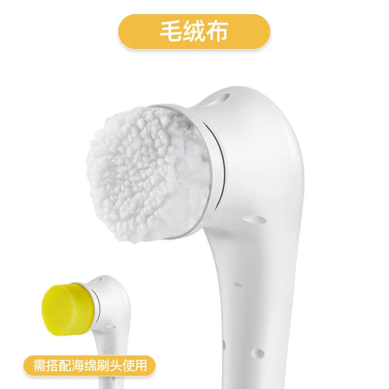 White USB electric handheld cleaning brush with five different brush heads for kitchen and bathroom surfaces.